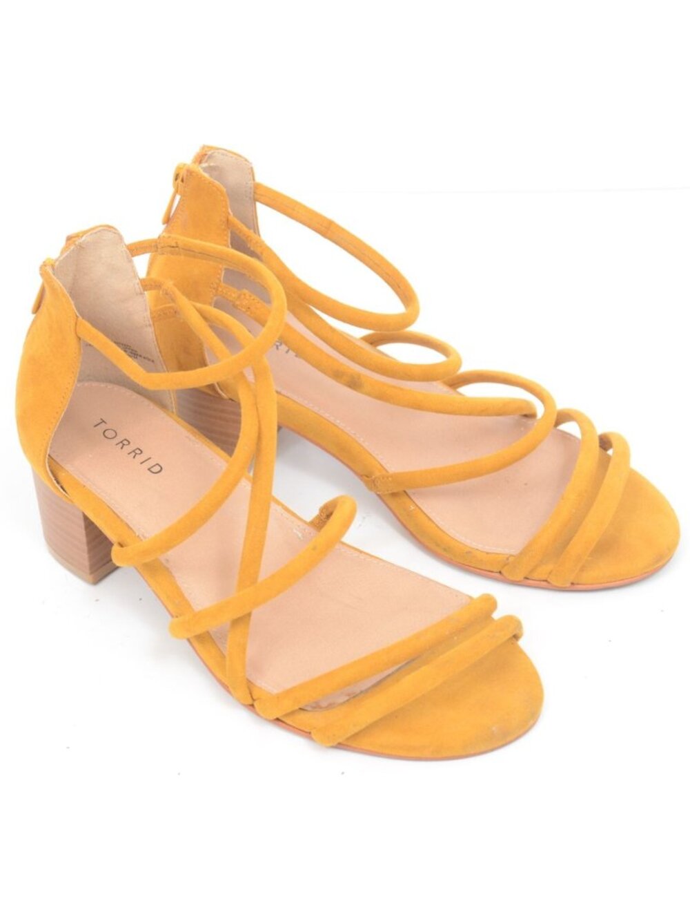 Torrid Women 8 WIDE Mustard Yellow Strappy Block Low Heel Back Zip Sandals